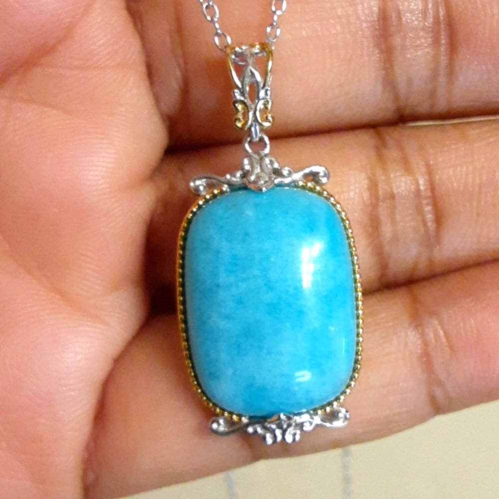 # 1, 925 Two Tone, Yellow Gold over Sterling,  Genuine Amazonite + Chain. FIRM.